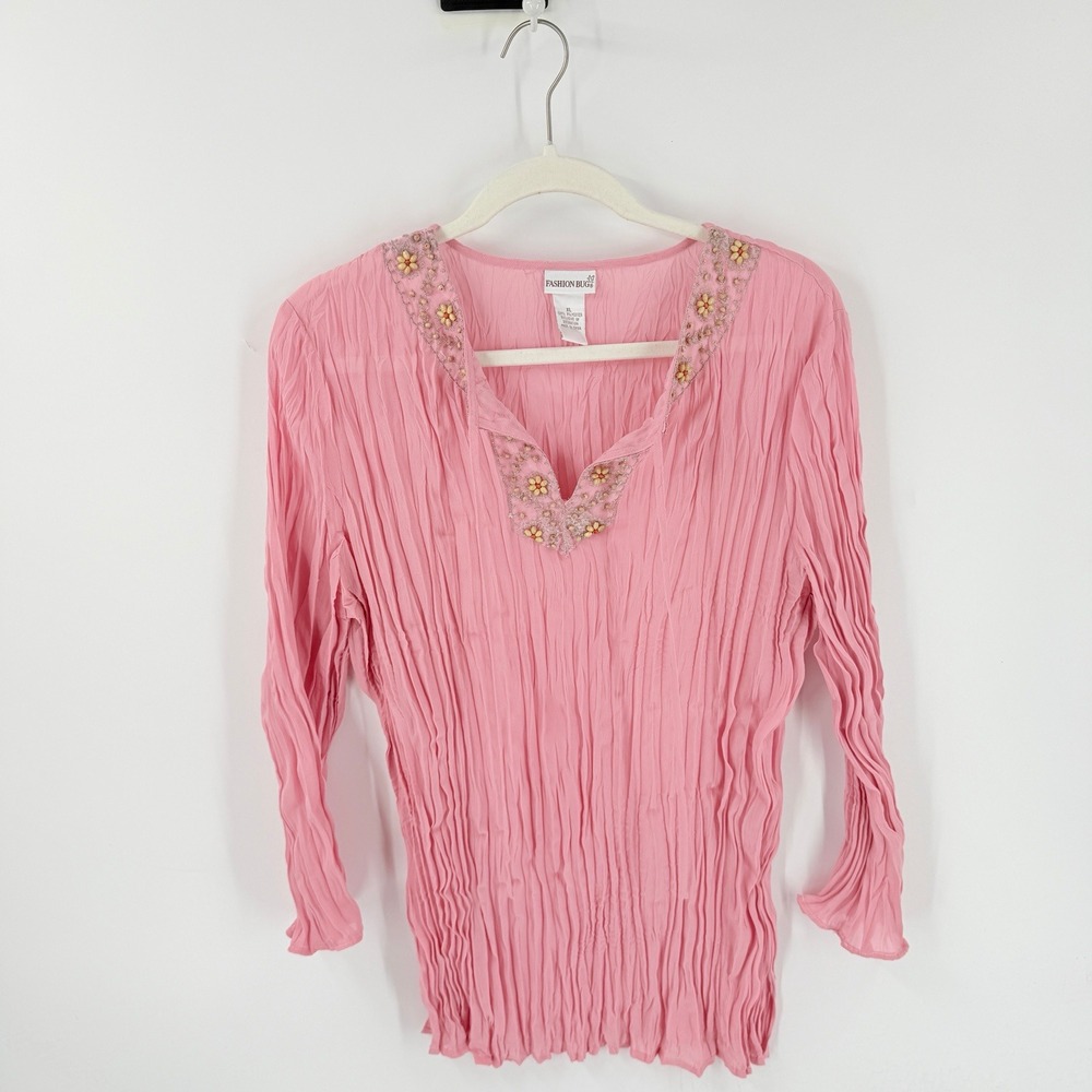 Vintage Y2K Fashion Bug Crinkle Blouse Pink XL Beaded Floral Embellished Fairy